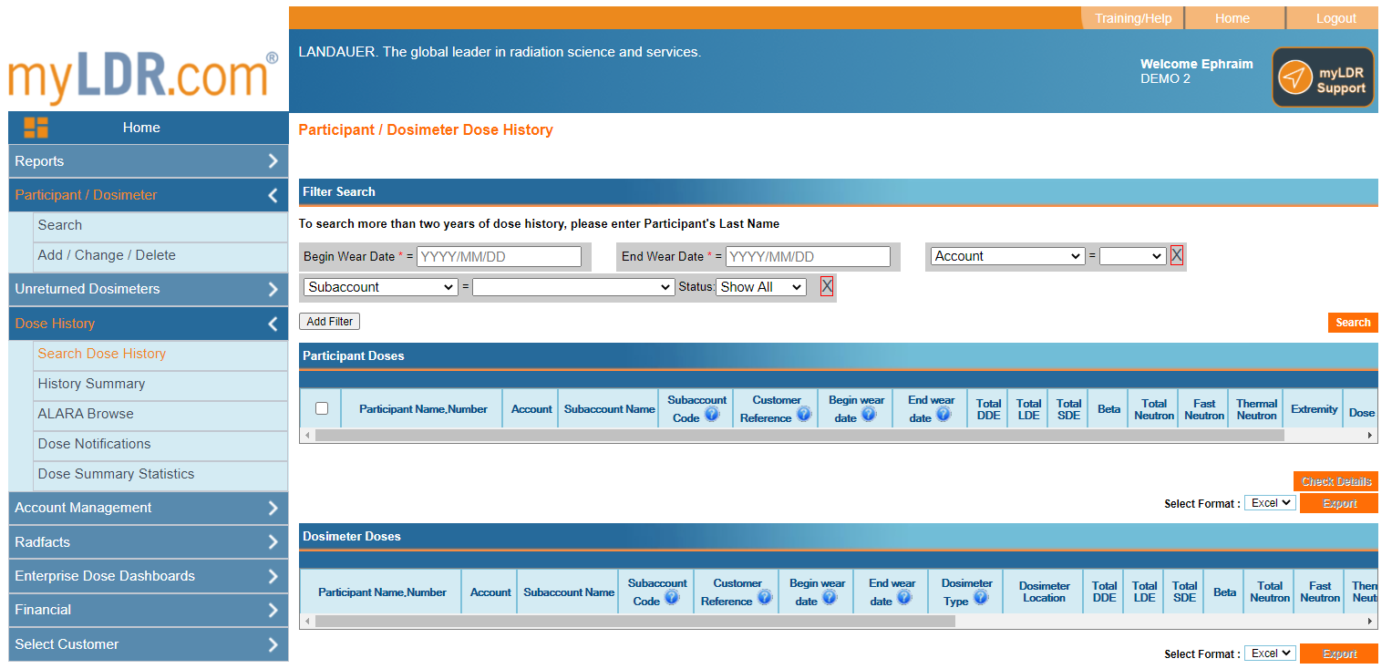 Search Dose History page