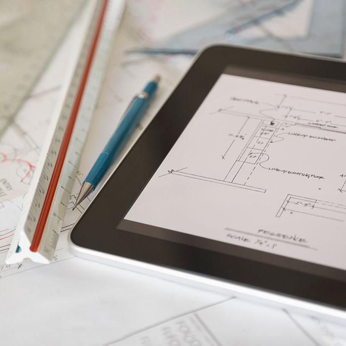 tablet showing architectural drawings for radiation shielding design