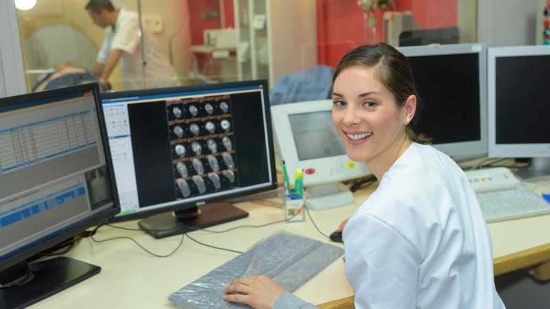 Woman running tests in a hospital 