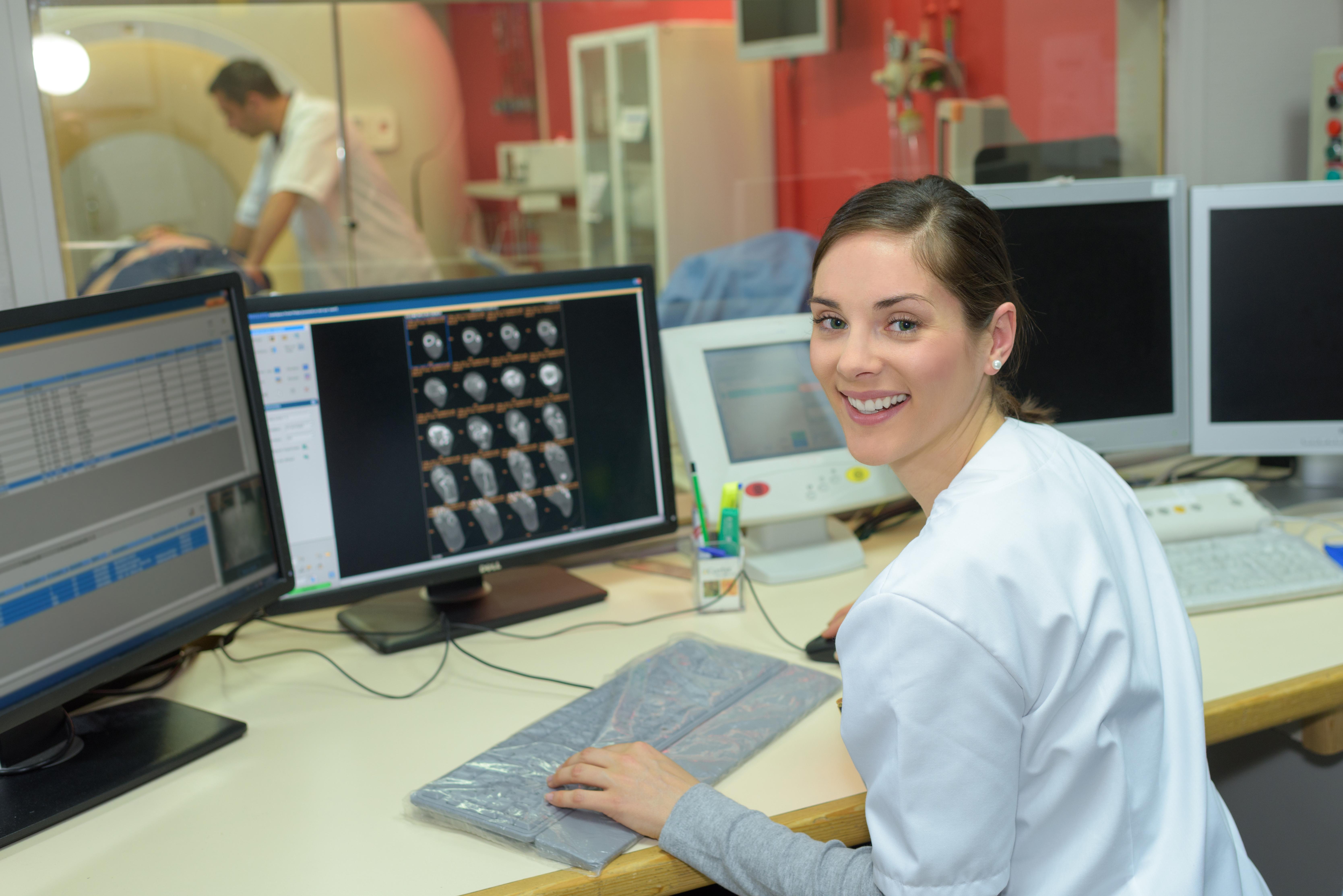 Woman running tests in a hospital