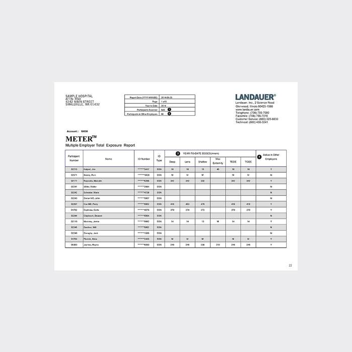 multiple employer total exposure report meter for dosimetry badges showing summary of doses at different facilities