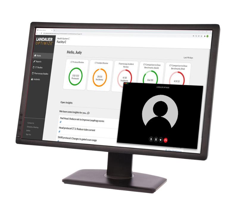 LANDAUER OPTIMIZE dose tracking software with a chat window showing a medical imaging physicist