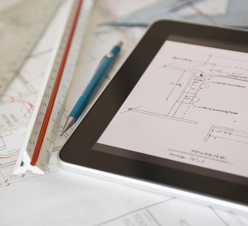 tablet with architectural plans illustrating nationwide availability of imaging shielding design for regulatory compliance